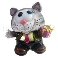 котик с подарком сер