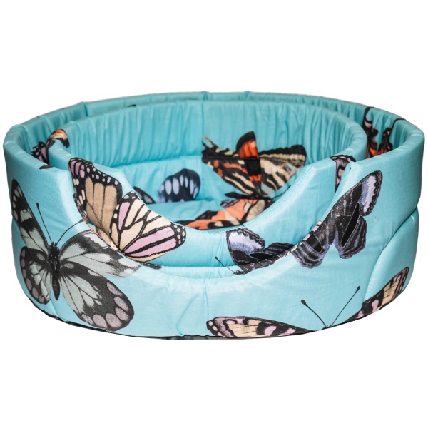 Лежанка овальная стеганая поролоновая хлопок БАБОЧКИ на голубом 42*34*18см/DONBARON