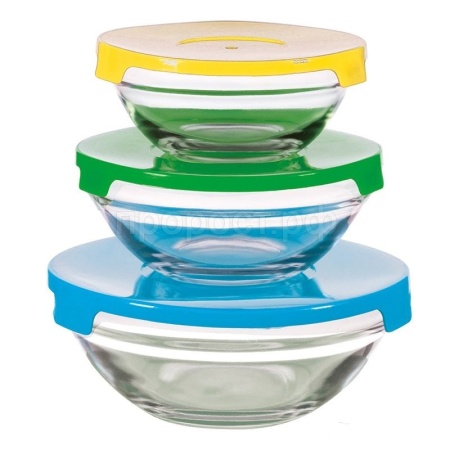 Набор стекл. мисок INSALATO 3шт (360+510+920мл) с пластиковыми крышками 
