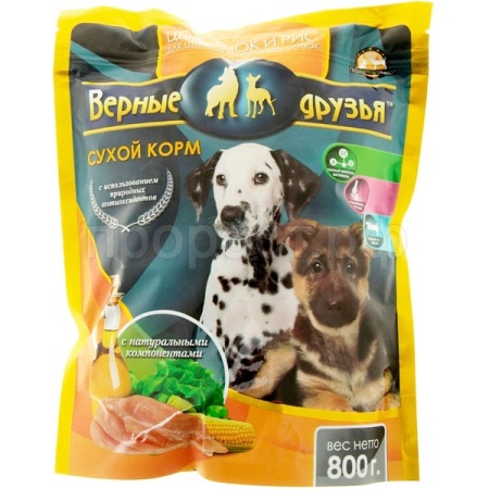 Корм для собак Верные друзья 800гр для щенков, молодых собак цыпленок/рис сухой